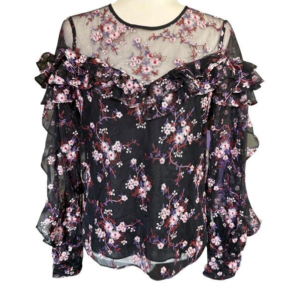 Parker Top Black Floral Embroidered Sheer L/L Small Whimsigoth Romanticgoth Vamp - Picture 1 of 12